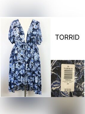 TORRID - 3/4X - NWT - FLORAL BLUE WHITE MAXI HI-LO KIMONO CARDIGAN / KAFTAN